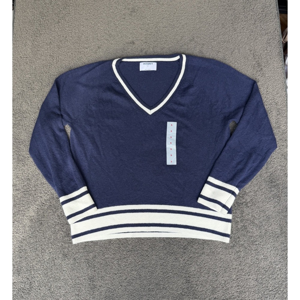 Old Navy SoSoft Navy Blue V-Neck Varsity Striped Raglan Sweater Small